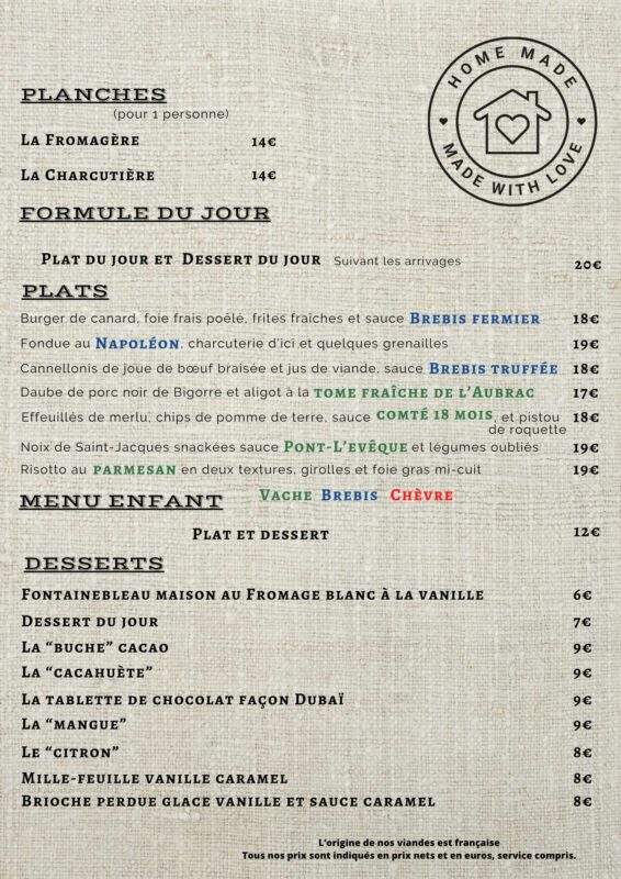 Menu MAi 2025 Bar à Fromages - NOV - DEC 2025